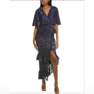 Saloni Dress 0 Navy Floral Midi Silk Romantic Peasant Boho Grunge Formal Wedding
